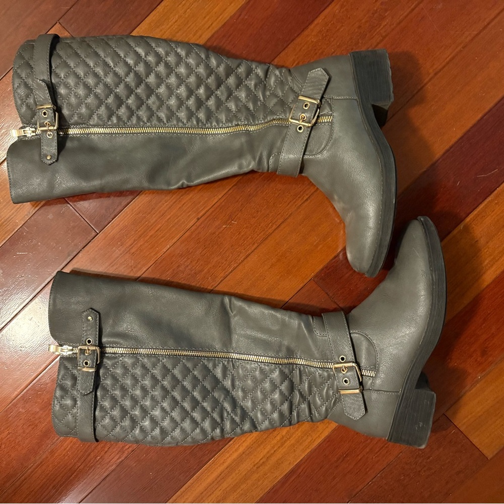 Gray Quilted Knee-High Boots with Buckle Detail - Wide Calf
